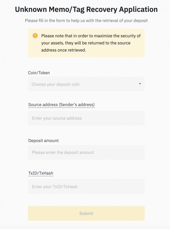 วิธีการกู้คืนยอดฝากคริปโตที่ Memo/Tag ขาดหายหรือไม่ถูกต้อง Binance