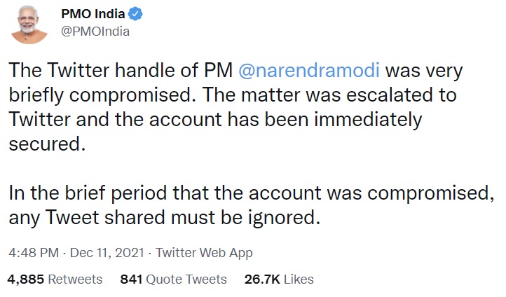 บัญชี Twitter ของนายกรัฐมนตรีอินเดีย Narendra Modi ถูกแฮ็ก  แล้วทวีตเกี่ยวกับ Bitcoin ในอินเดีย ▻ Siam Bitcoin