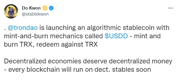 Siam Bitcoin Do Kwon ได้ตอบสนองต่อการประกาศเปิดตัว Stablecoin ของ Tron 