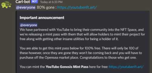 แฮกเกอร์ได้โพสต์ข้อความประกาศบน Discord ว่า "OpenSea ได้เป็นพาร์ทเนอร์กับ YouTube เพื่อนำชุมชนของพวกเขามาสู่พื้นที่ NFT" 