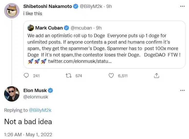 Siam Bitcoin Elon Musk ได้รีทวีตตอบกลับ Billy Markus ว่า “ก็ไม่เลวเหมือนกัน”